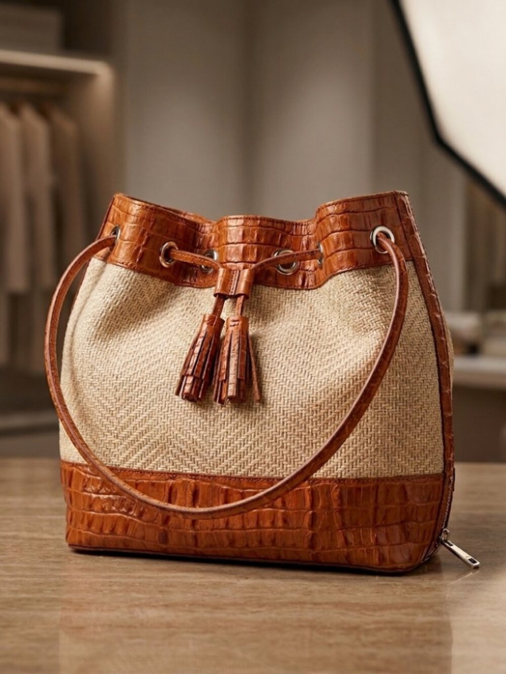 Brahmin Trina Raffia and Leather Drawstring Bucket Bag Purse Brown Tan Handbag